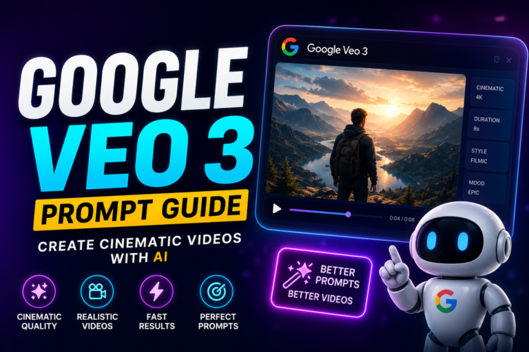 Google Veo 3 Prompt Guide featured image showing AI video generation prompts, cinematic video creation workflow, and prompt engineering by NextLearn AI