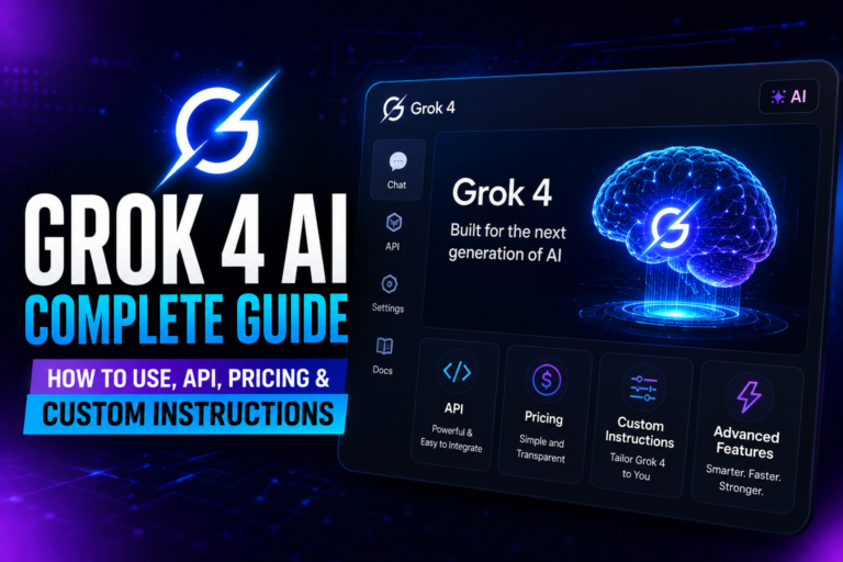 Grok 4 AI Complete Guide featured image showing AI assistant, API integration, pricing, custom instructions, and advanced AI features by NextLearnAI