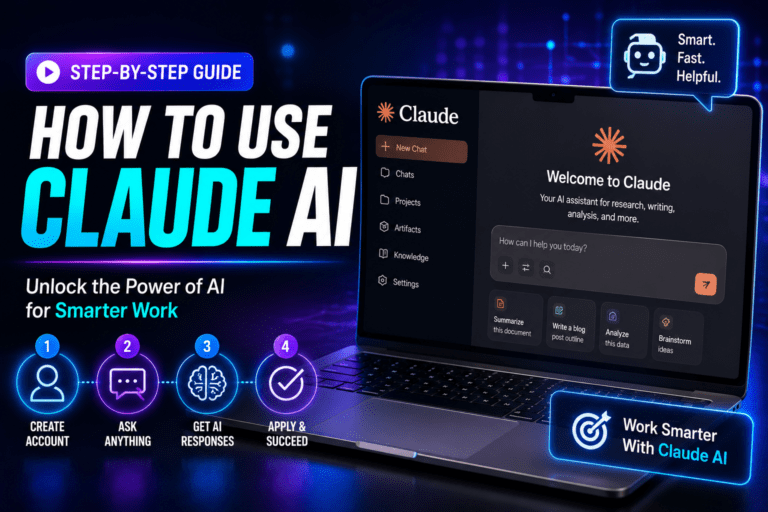 How to Use Claude AI tutorial showing AI chatbot interface, content writing, coding, research, and productivity tools on a modern laptop by Next LearnAi