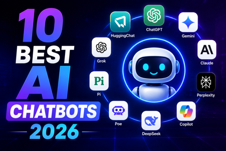 10 best AI chatbots in 2026 including ChatGPT, Gemini, Claude, Perplexity, Copilot, DeepSeek, Grok, Poe, Pi, and HuggingChat