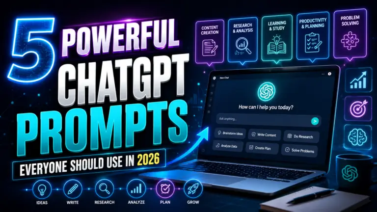 Powerful ChatGPT prompts thumbnail showing AI assistant, content creation, research, productivity planning, and learning tools in 2026.