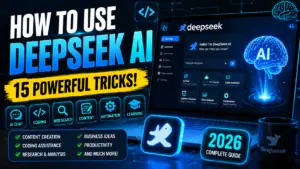 DeepSeek AI tutorial thumbnail showing AI dashboard, coding assistant, automation tools, AI chatbot interface, and 15 powerful DeepSeek AI tricks for beginners in 2026.