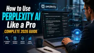 How to Use Perplexity AI Like a Pro dashboard showing AI search, source citations, research panels, and advanced AI-powered insights
