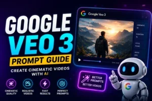 Google Veo 3 Prompt Guide featured image showing AI video generation prompts, cinematic video creation workflow, and prompt engineering by NextLearn AI