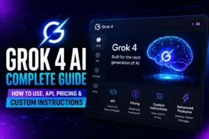Grok 4 AI Complete Guide featured image showing AI assistant, API integration, pricing, custom instructions, and advanced AI features by NextLearnAI